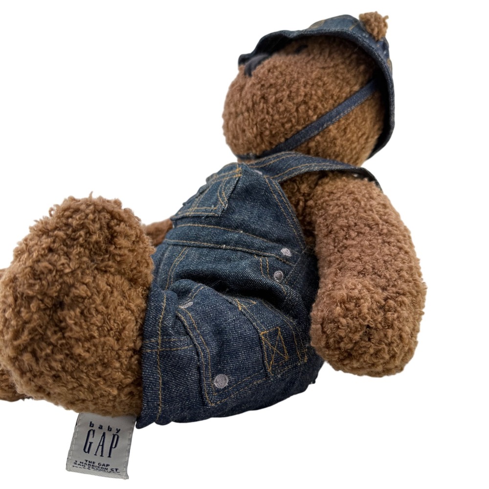 Vintage Baby Gap Teddy Bear Plush Denim Overalls Bucket Hat Brown 2002 10" Y2K